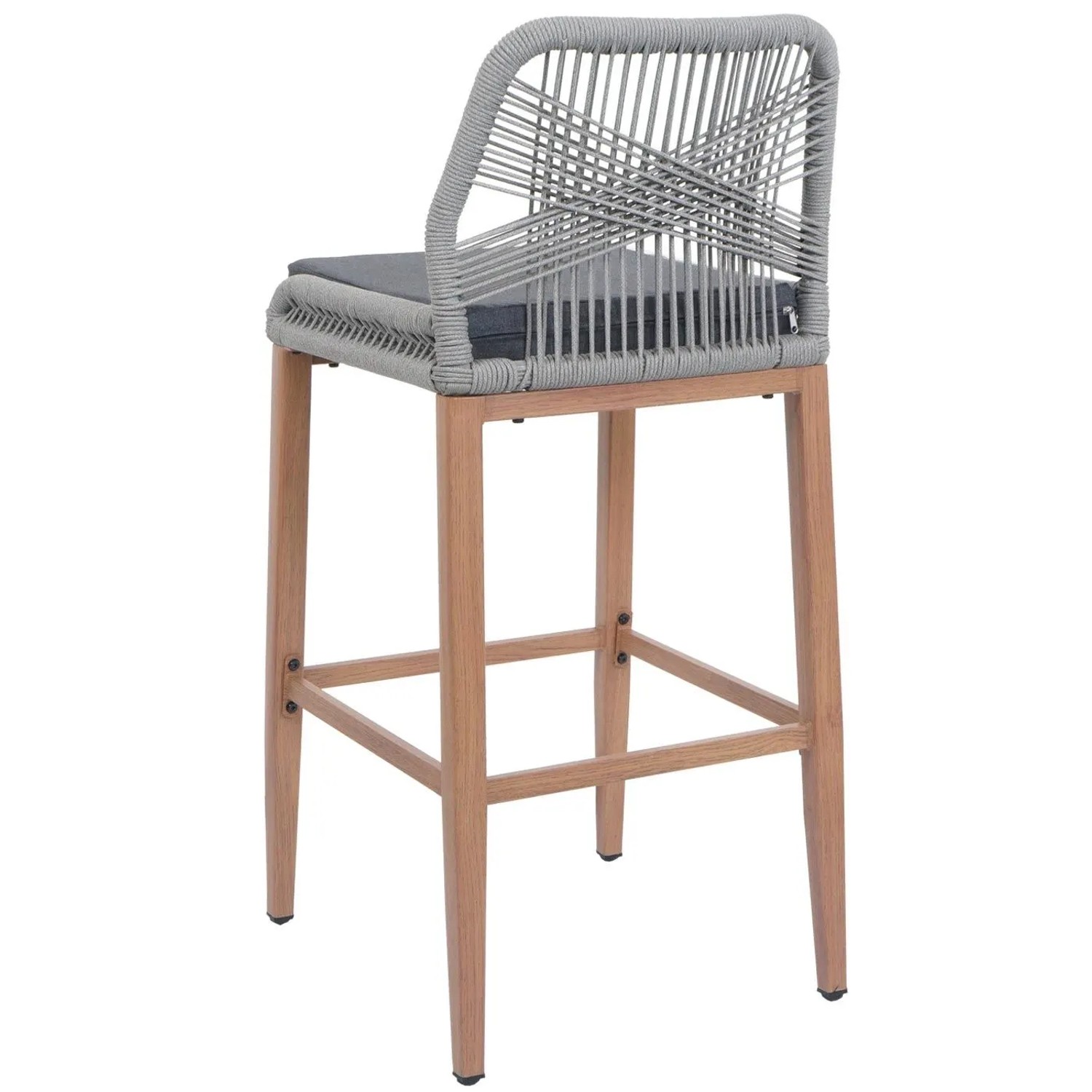 Proregal Barhocker: hellgraues Seilgeflecht, dunkelgraues Kissen, Holz-Optik Beine. Moderner Outdoor-Barhocker mit Fußstütze.
