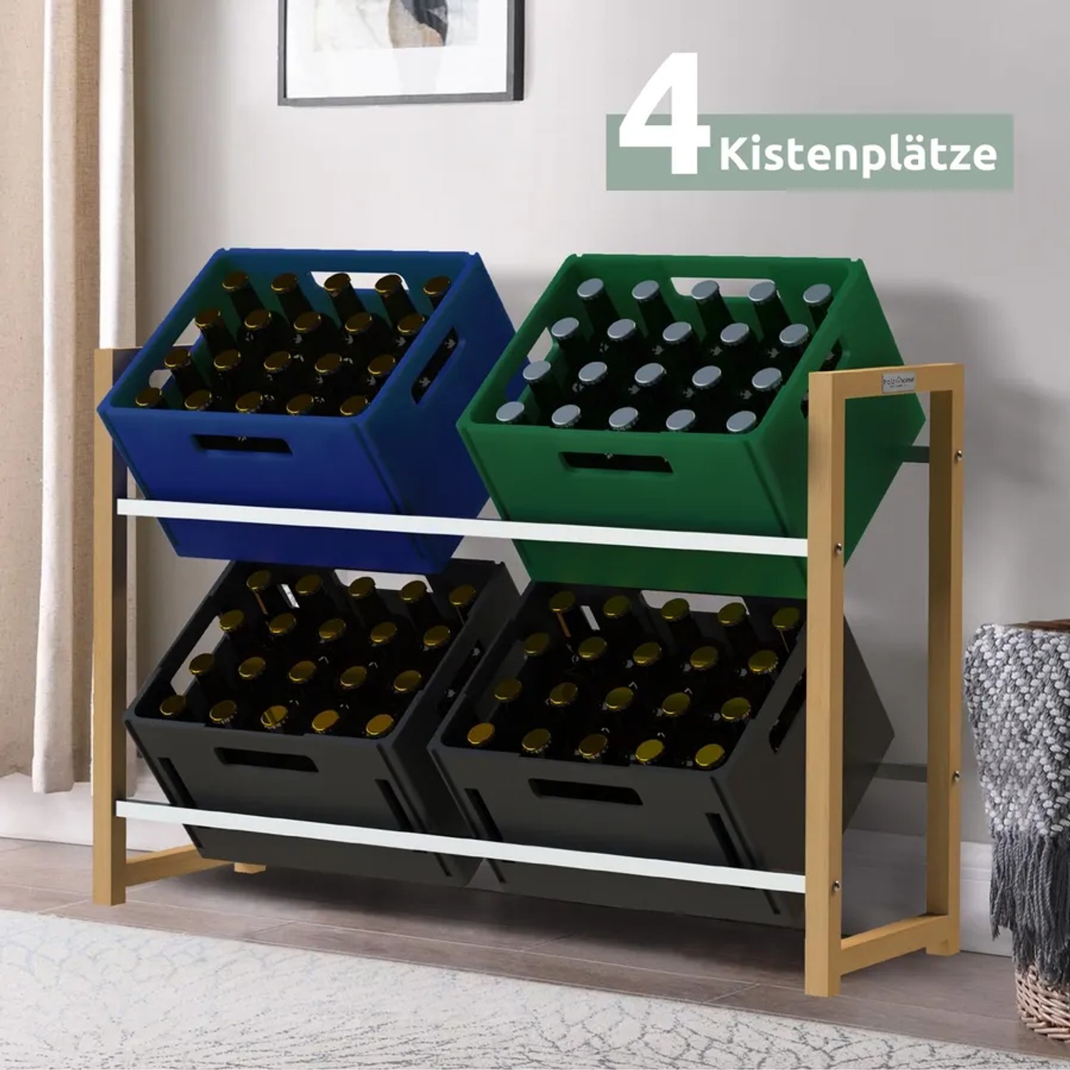 holz4home Getränkekistenregal mit 4 Kisten in Silber und farbigen Kisten.