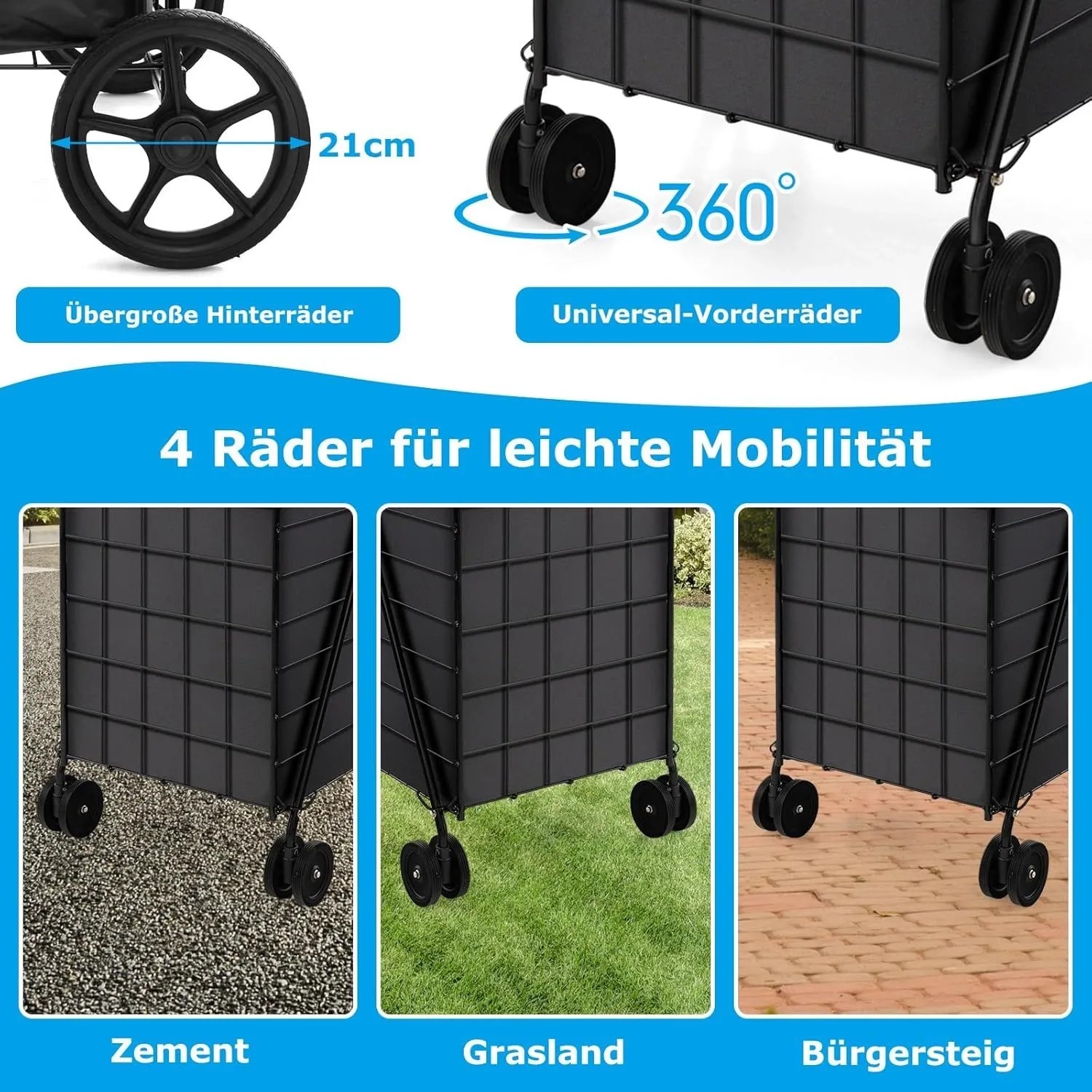 Costway Einkaufstrolley: 21cm Hinterräder und 360° Vorderräder für leichte Mobilität auf Zement, Gras und Bürgersteig.