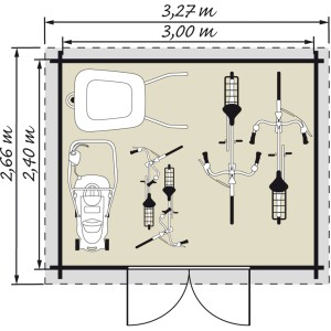 Grundriss Kiehn-Holz Gartenhaus KH 28-048 Unberührt, 300x240 cm, mit Gartengeräten und Fahrrädern.