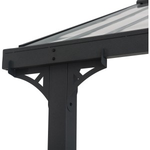Detailansicht Carport Eiger: Grauer Stahlrahmen und transparente Dachplatten.