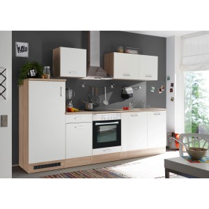 Respekta Küchenzeile KB280ENWPC in Weiß und Eiche-Natura Nachbildung mit Elektrogeräten.