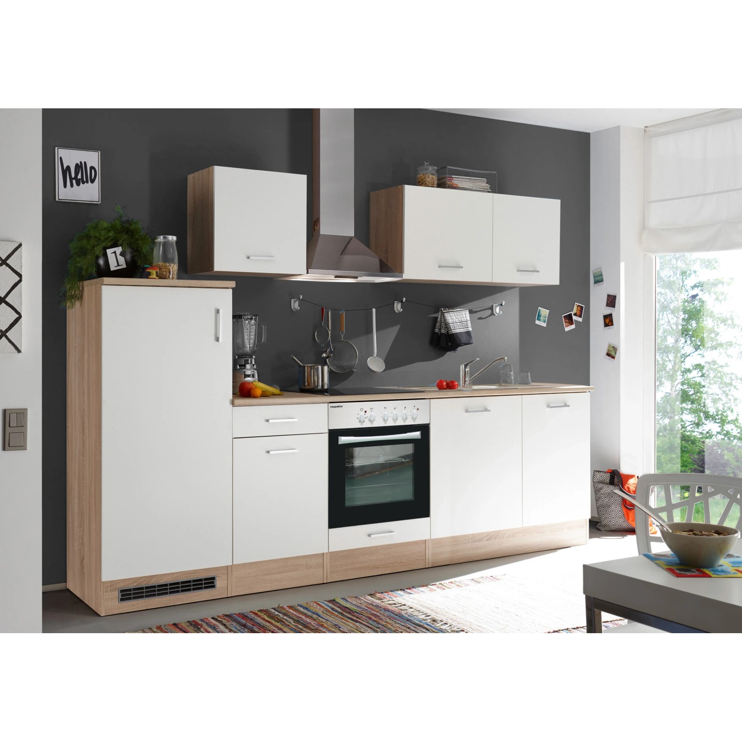 Respekta Küchenzeile KB280ENWPC in Weiß und Eiche-Natura Nachbildung mit Elektrogeräten.