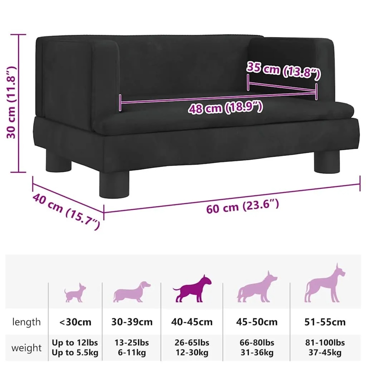 Schwarzes vidaXL Hundebett aus Samt, 60x40x30 cm, mit Größenangaben.