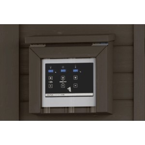 Karibu Steuergerätverkleidung in Terragrau für Außensauna, schützt vor Witterungseinflüssen.