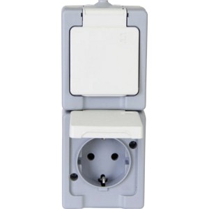 Graue Kopp 2-fach Steckdose mit Klappdeckel für Aufputzmontage im Feuchtraum.