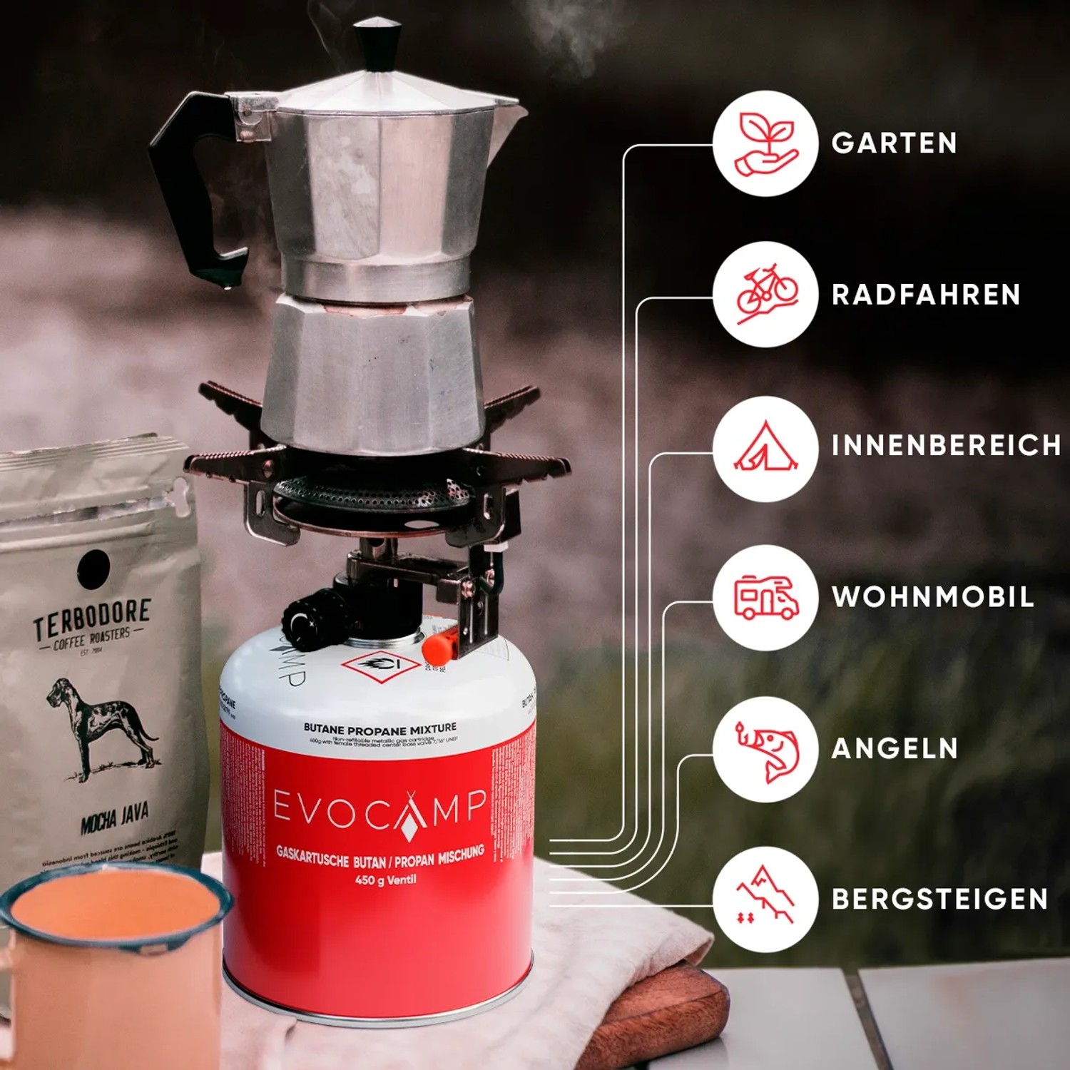 Evocamp Gaskartusche 450g mit Schraubkartusche, Campingkocher und Kaffeekanne.