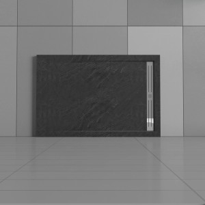 Rechteckige, schwarze AICA Duschtasse (90x120 cm) mit Stein-Effekt und Ablaufgarnitur.