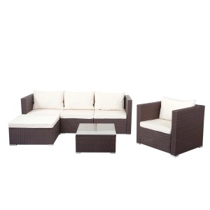 Braune Poly-Rattan Lounge-Garnitur Busto mit creme Kissen und Tisch mit Glasplatte.