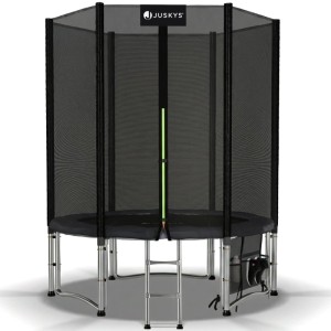 Juskys Gartentrampolin JumpMaster S, schwarz/anthrazit, mit Sicherheitsnetz und Leiter.