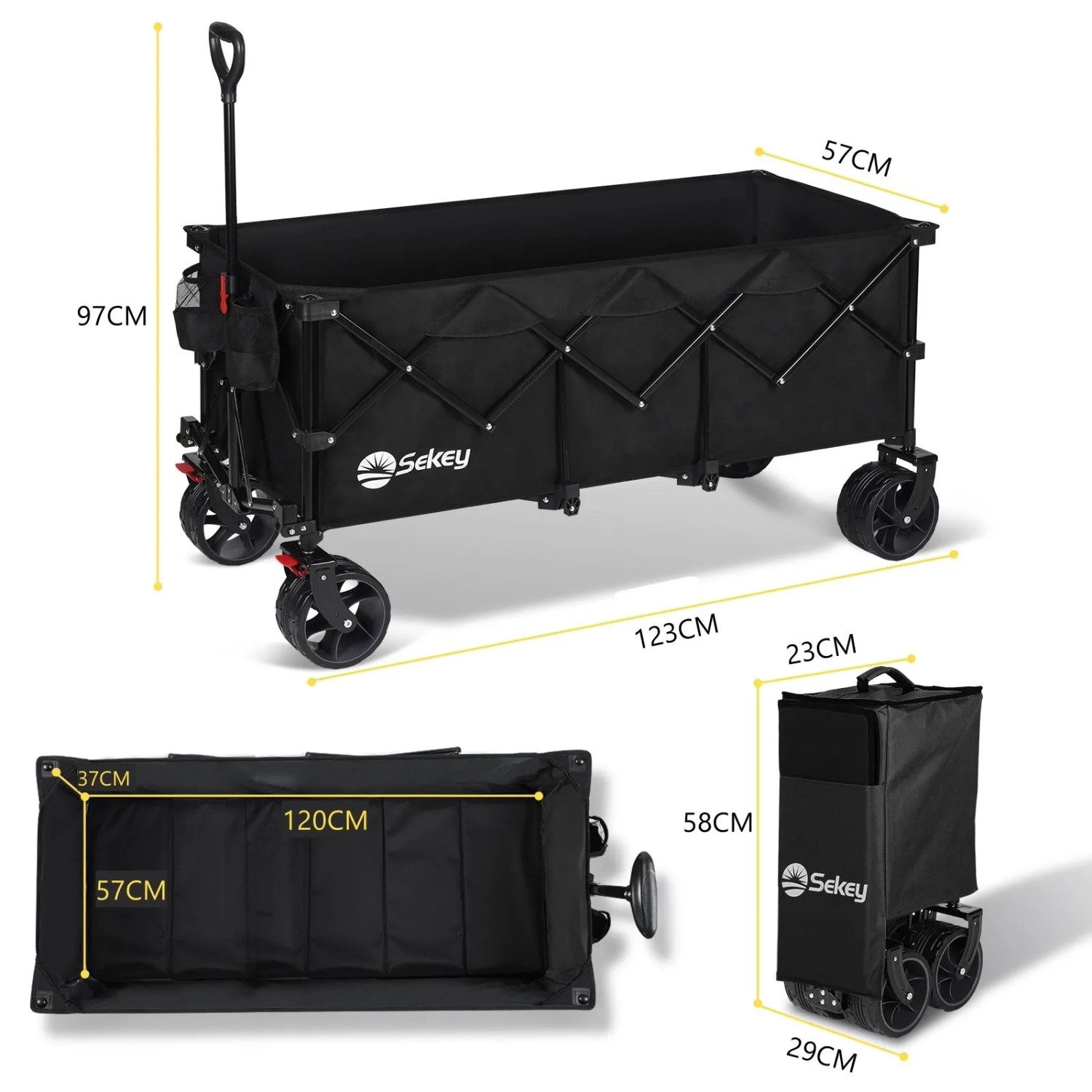 Sekey XXXL Bollerwagen, faltbar, 300L, schwarz, für Camping & Freizeit. Geräumiger Transportwagen mit Stahlrahmen.
