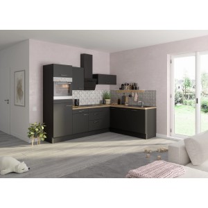 Moderne Optifit Winkelküche Optikoncept Ingvar, 270 cm, in Anthrazit mit Holzdekor Arbeitsplatte.