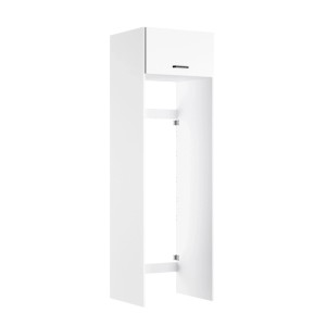 Weiße OPTIFIT Waschsäule Bonn214 mit Klappe für Waschmaschine und Trockner im Hauswirtschaftsraum.