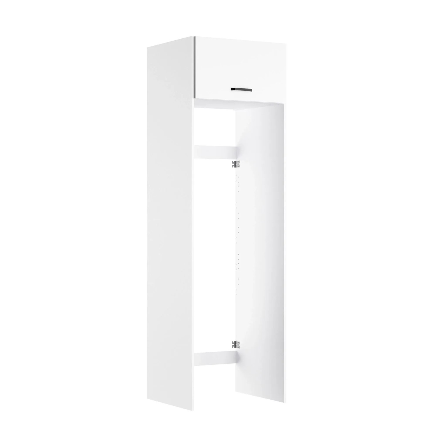 Weiße OPTIFIT Waschsäule Bonn214 mit Klappe für Waschmaschine und Trockner im Hauswirtschaftsraum.