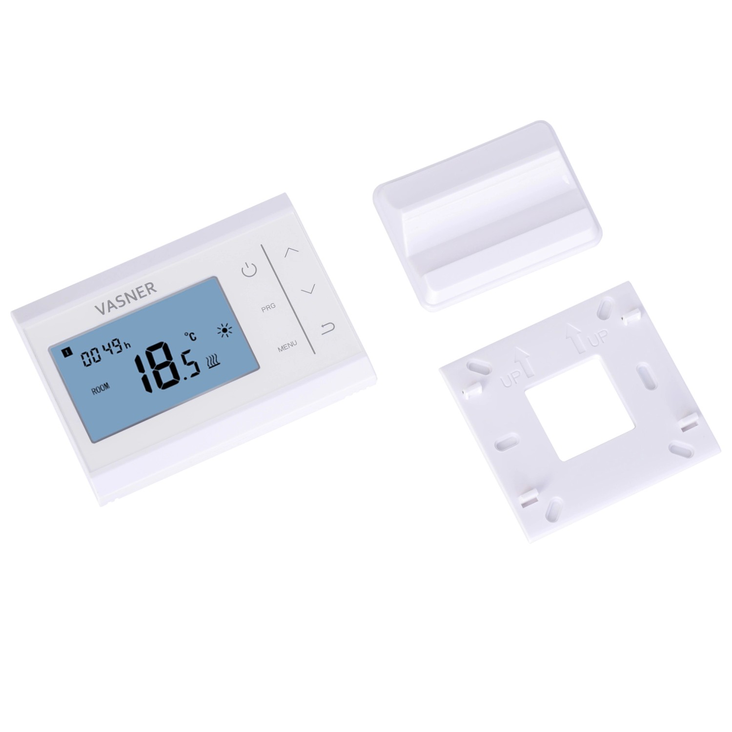 Vasner Funk-Raumthermostat VFT35 Set in Weiß mit Display, Standfuß und Wandhalterung.