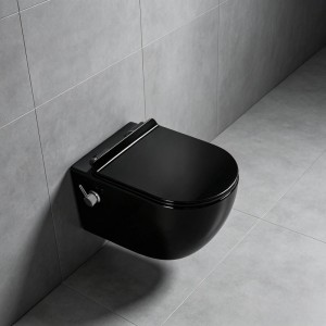 Schwarzes spülrandloses Wand-Dusch-WC mit Softclose-Sitz. Modernes Taharet-WC aus glänzender Sanitärkeramik für Ihr Bad.