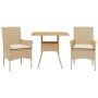 Beige 3-tlg. Garten Essgruppe aus Rattan mit Akazientisch und Stühlen mit Kissen.