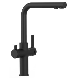 VIZIO 3-Wege Küchenarmatur, schwarz matt, mit schwenkbarem Auslauf für Kalt-, Warm- und Filterwasser.