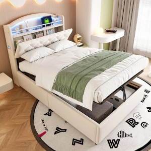 Beiges Merax Kinderbett 90x200cm aus Samt mit LED-Kopfteil, USB-Anschlüssen und aufklappbarem Stauraum.