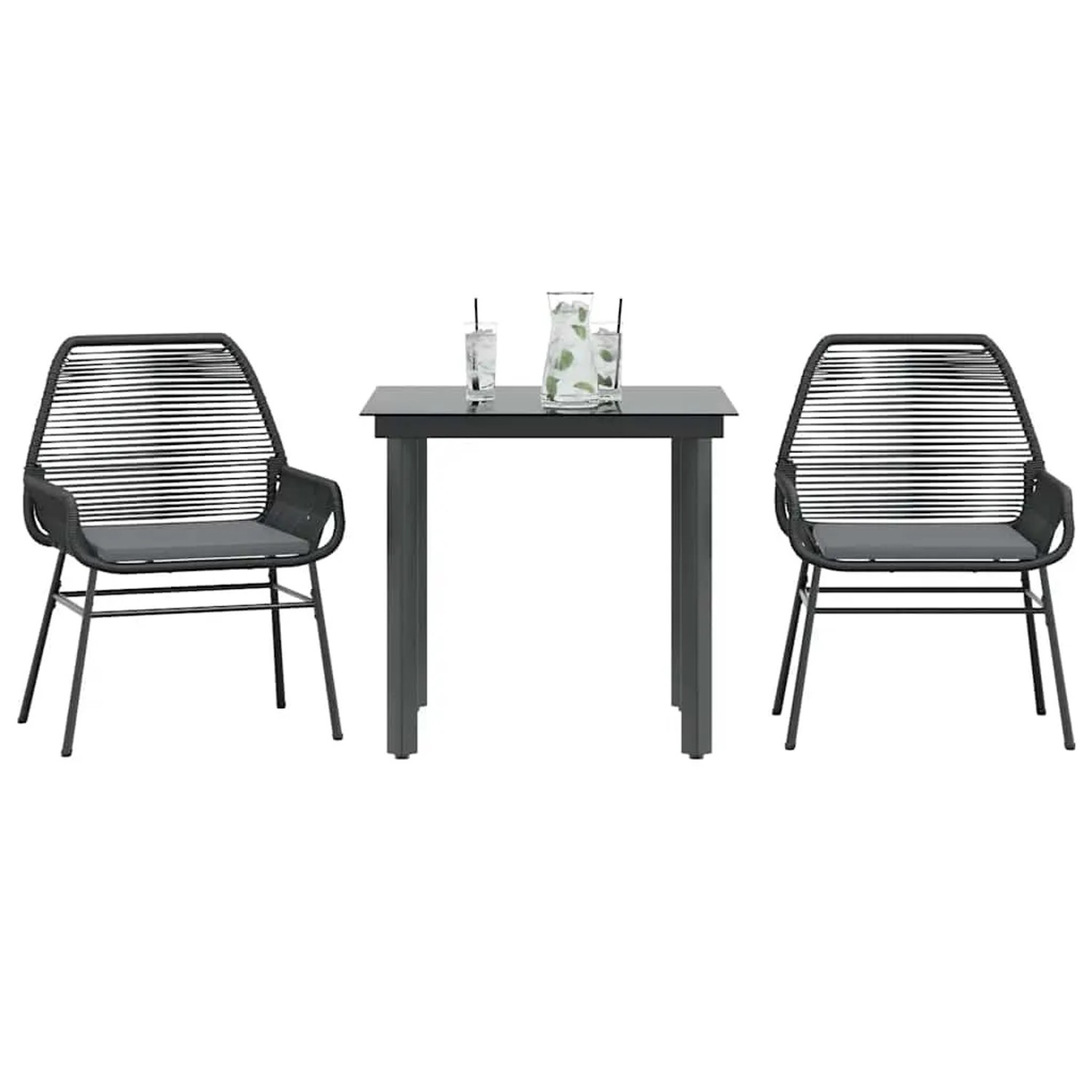 Schwarze 3-teilige Garten Essgruppe mit Glas Tischplatte und Rattan Stühlen mit Kissen.