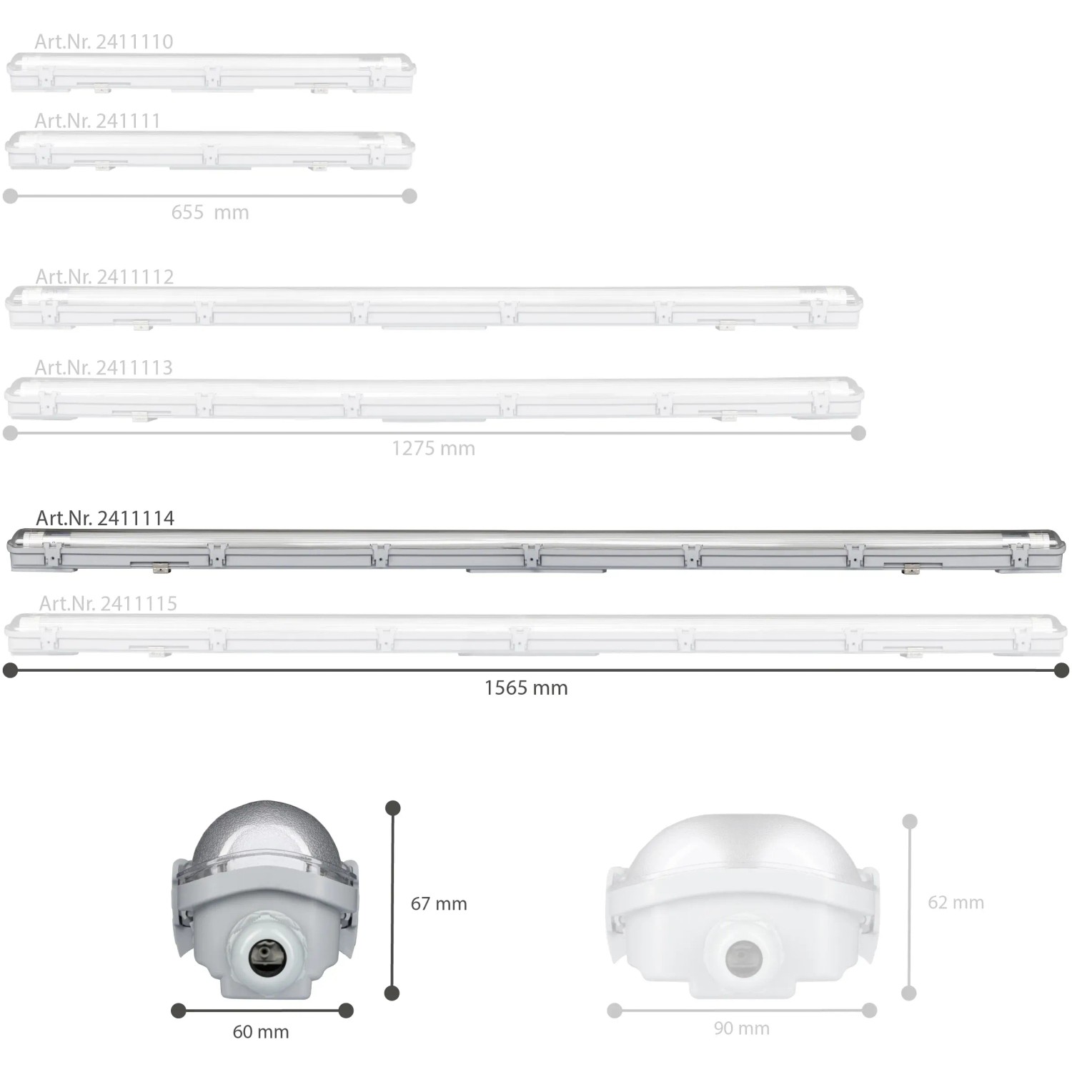 LED-Feuchtraumleuchte Grau, verschiedene Größen und Detailansichten.