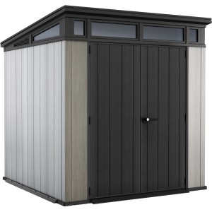 Keter Kunststoff-Gartenhaus, 4,67 m², schwarz-grau, mit Doppeltür und Oberlichtern.