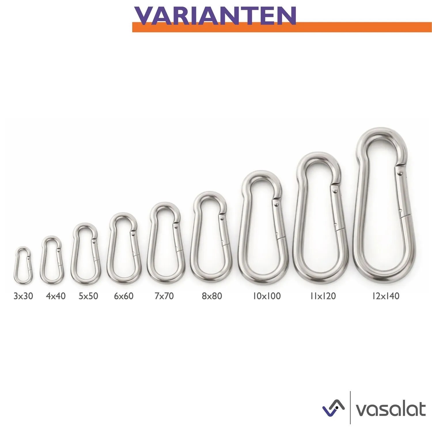 Edelstahl Karabiner-Set Varianten: Mehrere Sturmhaken in verschiedenen Größen, z.B. 6x60 mm, für vielseitige Befestigungen.