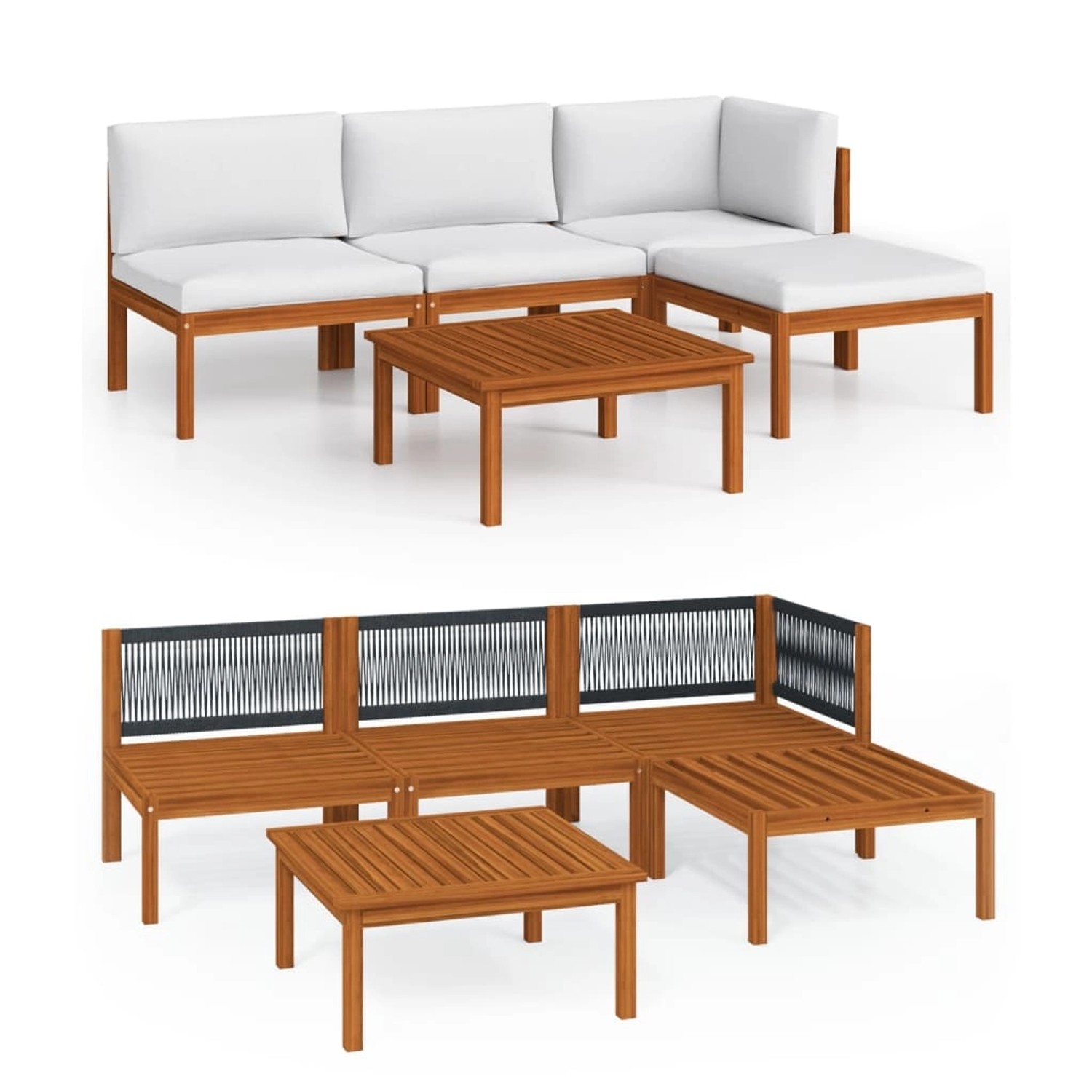 vidaXL 5-Tlg Garten-Lounge-Set mit Kissen Cremefarbenes Holz Akazie Seil 3057878