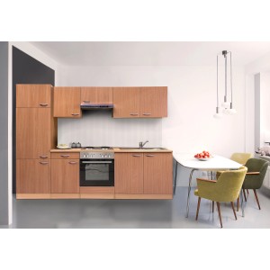 Respekta Küchenzeile KB270BBE, 270 cm, Buche Nachbildung, mit E-Geräten und Spüle.