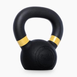 Schwarze Suprfit Elite Gusseisen Kettlebell 4 kg mit gelbem Farbring am ergonomischen Griff für Fitness.