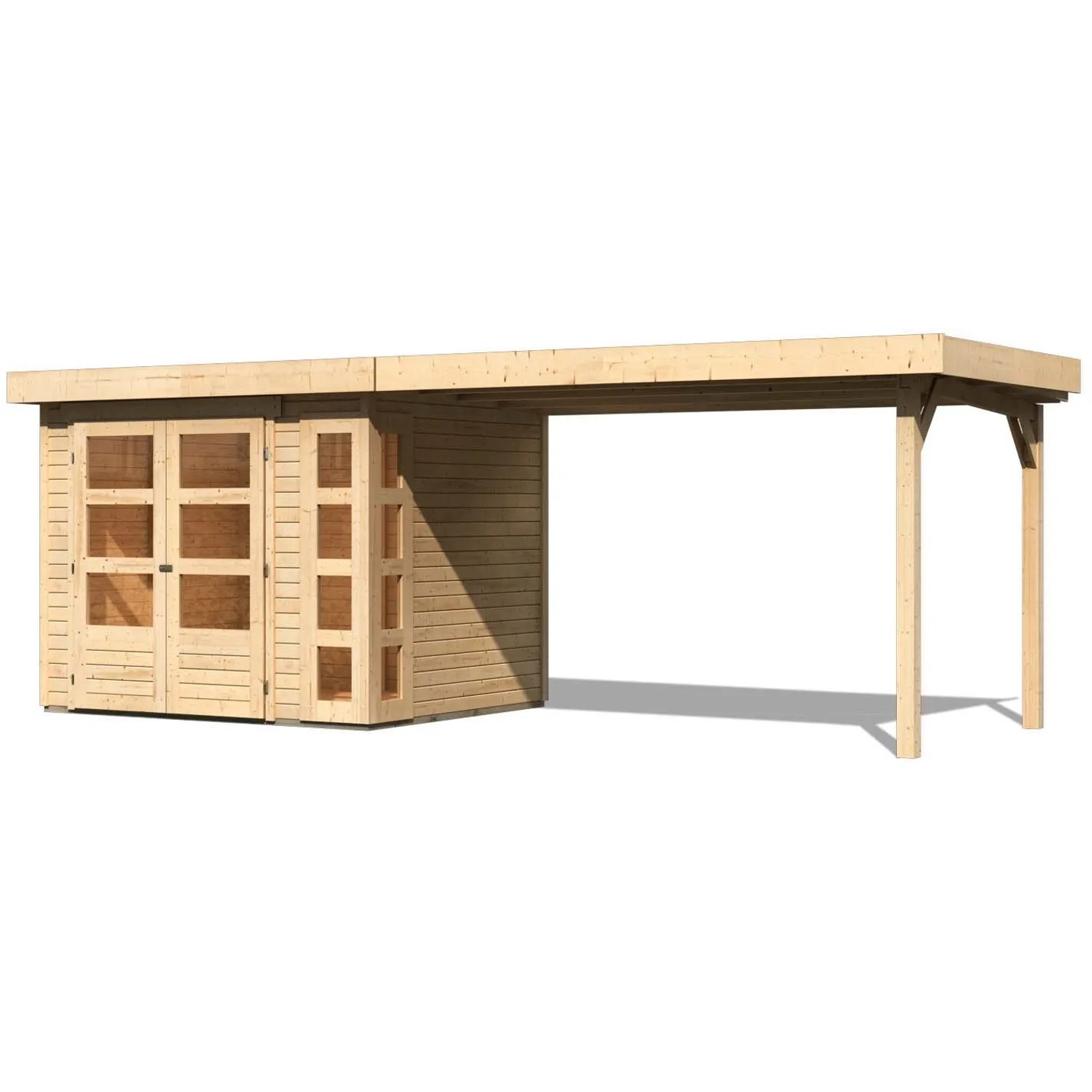 Karibu Holz-Gartenhaus Sölve mit Flachdach, unbehandelt, 238x213 cm. Gartenhaus mit Anbau und Doppeltür.