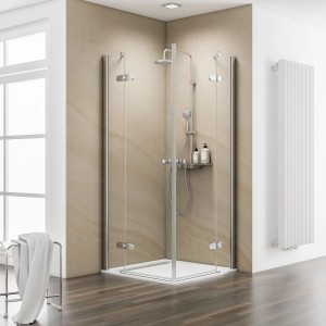 Schulte Eckeinstieg MasterClass, 75x90 cm, Chromoptik, mit Drehtür. Elegante Duschtür für barrierefreies Duschen.