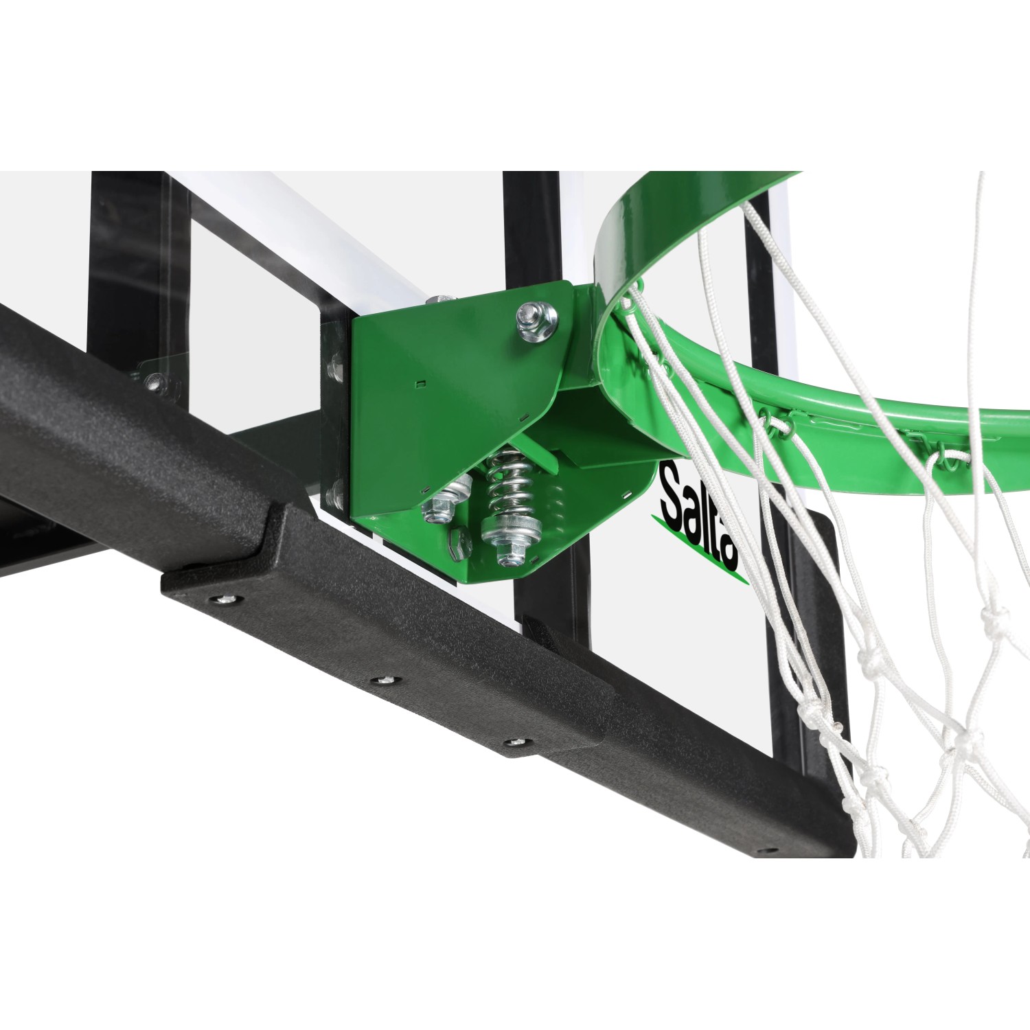 Detailaufnahme: Salta Basketballbrett Guard, 138x86 cm, schwarz, mit grünem Korb und Netz.