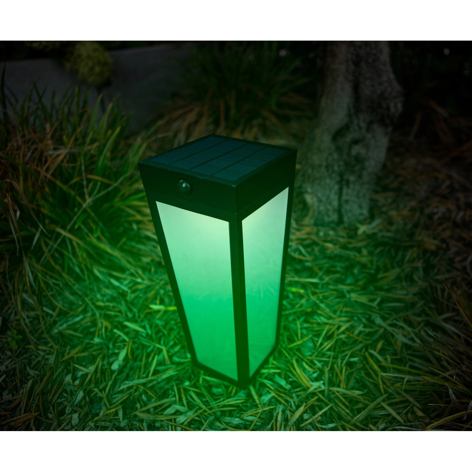 Moderne, mattschwarze Lutec LED Solar Wegeleuchte Dias im Garten.