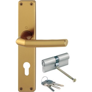 Hoppe Türgriff Birmingham, Aluminium gold, mit Langschild, Profilzylinder und Schlüssel für Innentüren.