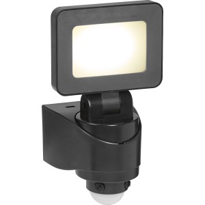 Schwarzer LED-Außenstrahler mit Sensor, 10W, 1300lm, Tageslichtweiß.
