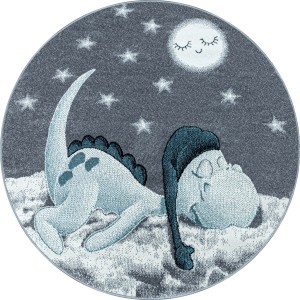Runder, blauer Kinderteppich mit schlafendem Dino und Mond, Ayyildiz Bambi 840, 120 cm.