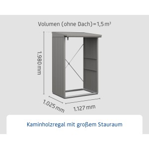 EcoStar Kaminholzregal Trend-V Typ 1 aus Metall in Graualuminium mit Maßangaben.