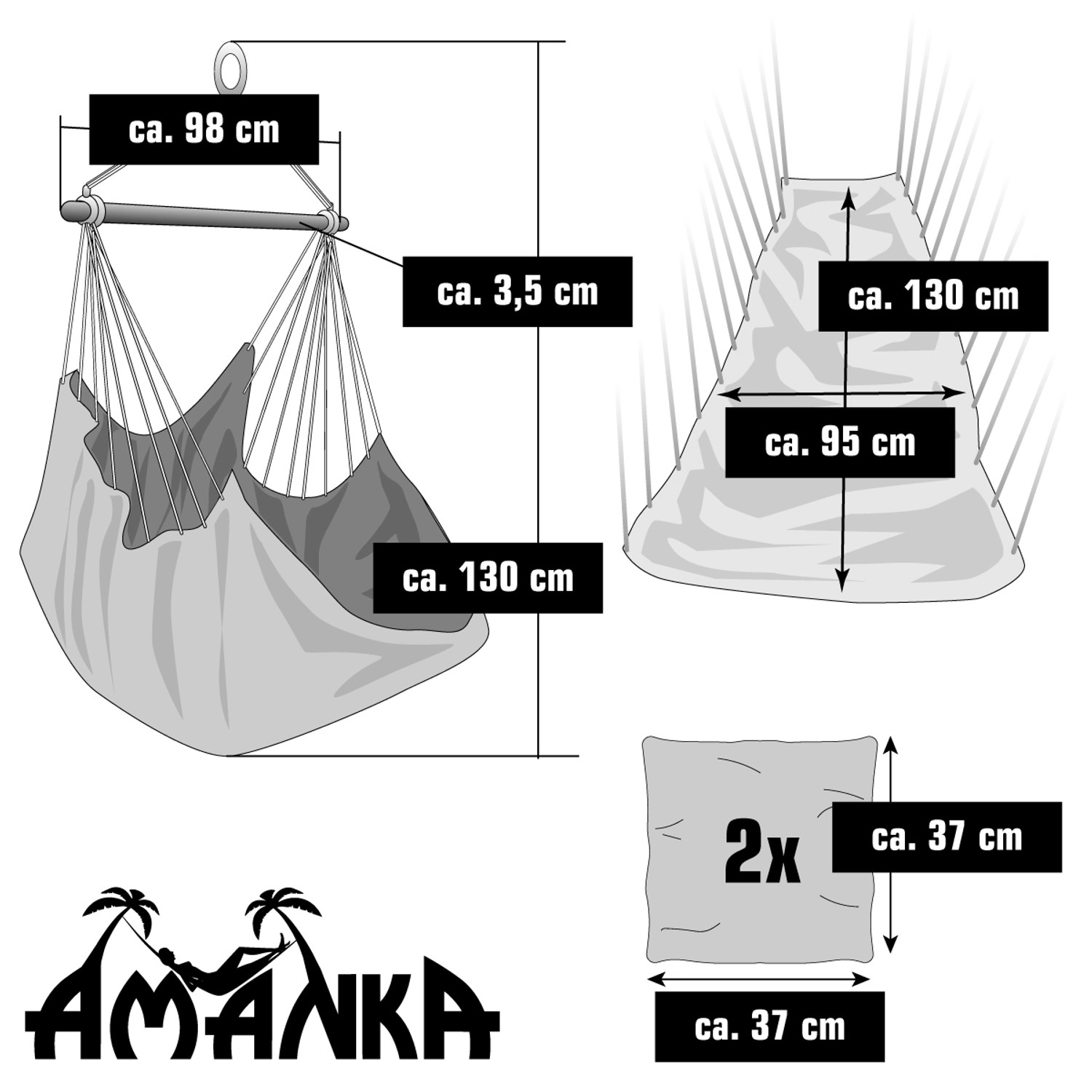 AMANKA Hängestuhlgestell mit Hängesessel und Kissen: Maße und Details im Überblick.