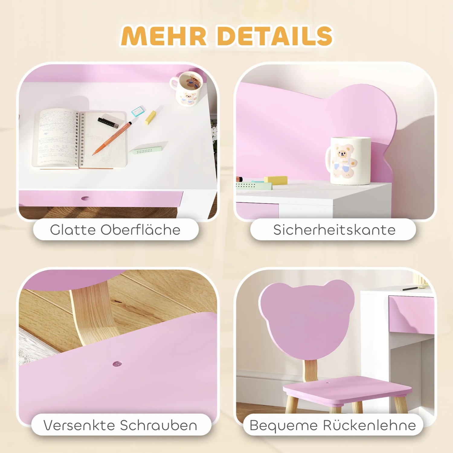 Details des rosa-weißen AIYAPLAY Kinderschreibtisch Sets mit Schublade und Bären-Stuhl.
