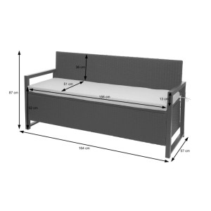 MCW Poly-Rattan 3er Sitzbank anthrazit mit cremefarbenem Kissen und integriertem Staufach.