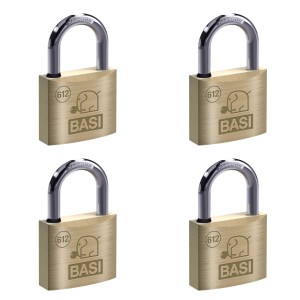 4er Set Basi Vorhangschlösser, 40mm, gleichschließend, Messinggehäuse mit Stahlbügel.