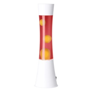 Moderne Eglo LED-Lavatischleuchte in Weiß mit roter Flüssigkeit und orangem Wachs. Zylindrische Form, Ø 10,9 cm.