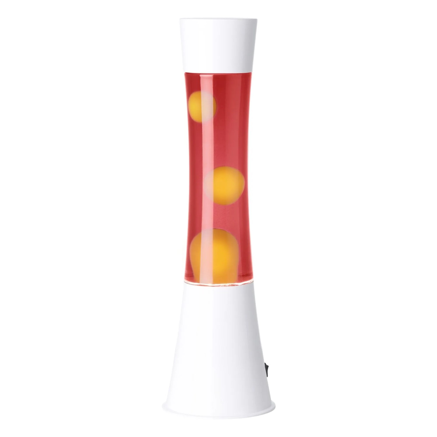 Moderne Eglo LED-Lavatischleuchte in Weiß mit roter Flüssigkeit und orangem Wachs. Zylindrische Form, Ø 10,9 cm.
