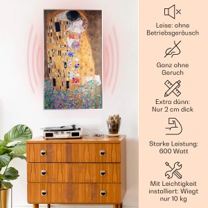 Klarstein Infrarotheizung mit Motiv „Der Kuss“ von Klimt, 600W, als Wandbild über Kommode.