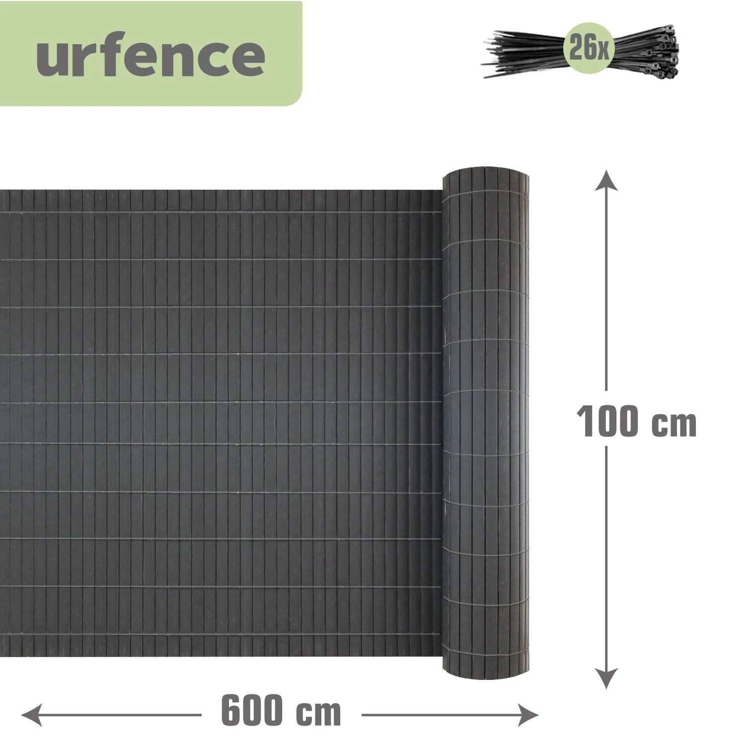 Urfence PVC Sichtschutzrolle, anthrazit, 100x600 cm, mit 26 Kabelbindern. Ideal für Balkon & Garten.