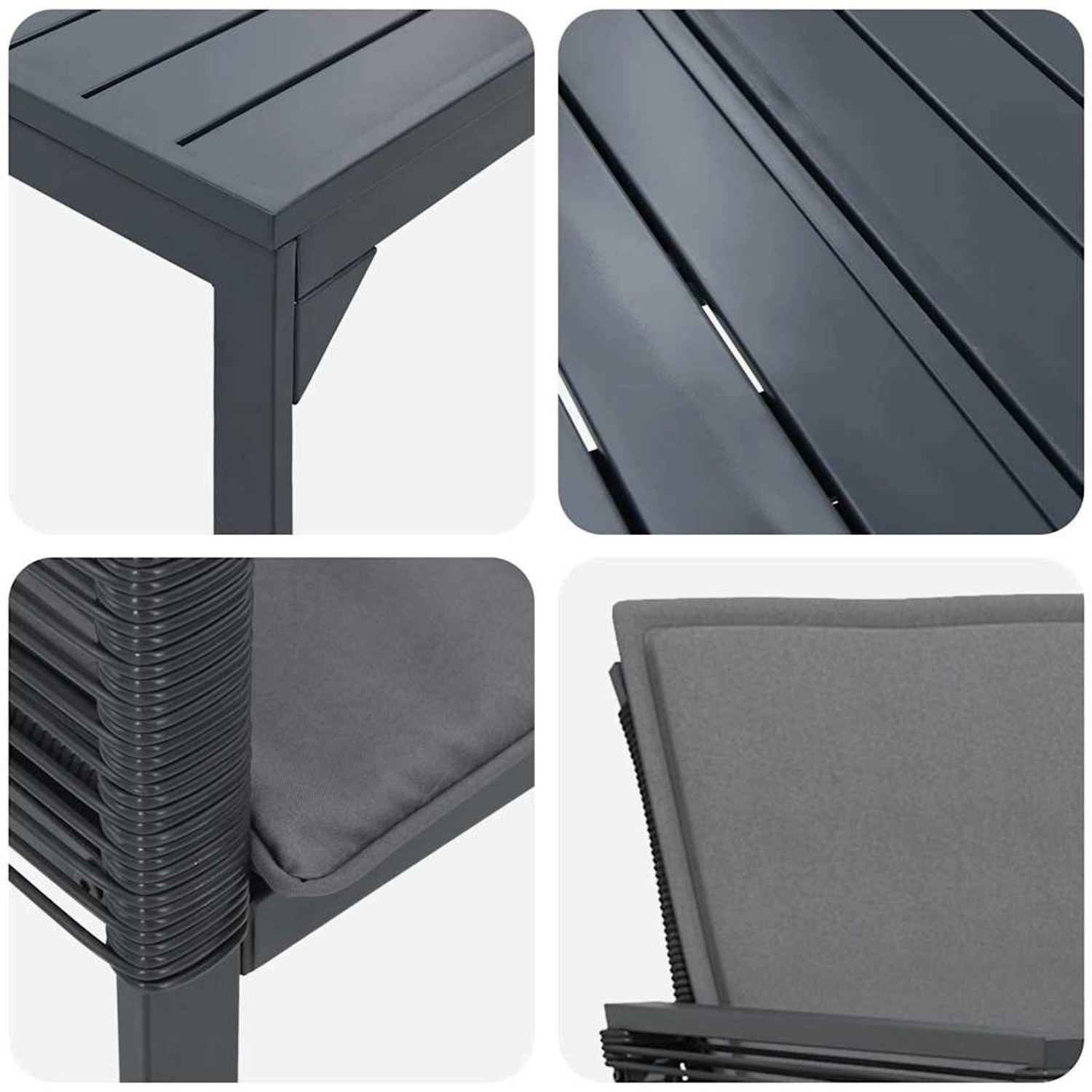 Detailansichten der vidaXL Garten Essgruppe, 9-teilig, anthrazitfarben, aus Stahl und Poly Rattan.