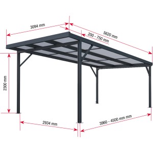 Anthrazitfarbener Carport mit Stegplatten, Maße und Pfostenstärke dargestellt.