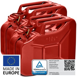 Zwei rote 10L Metall Kraftstoffkanister, TÜV-geprüft, für Benzin und Diesel.