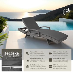 Tectake Aluminium Rattan Sonnenliege Océane Wetterfest und Uv Beständig 5 Fach Verstellbare Rückenlehne  190 x 71 x 74 50 cm Grau